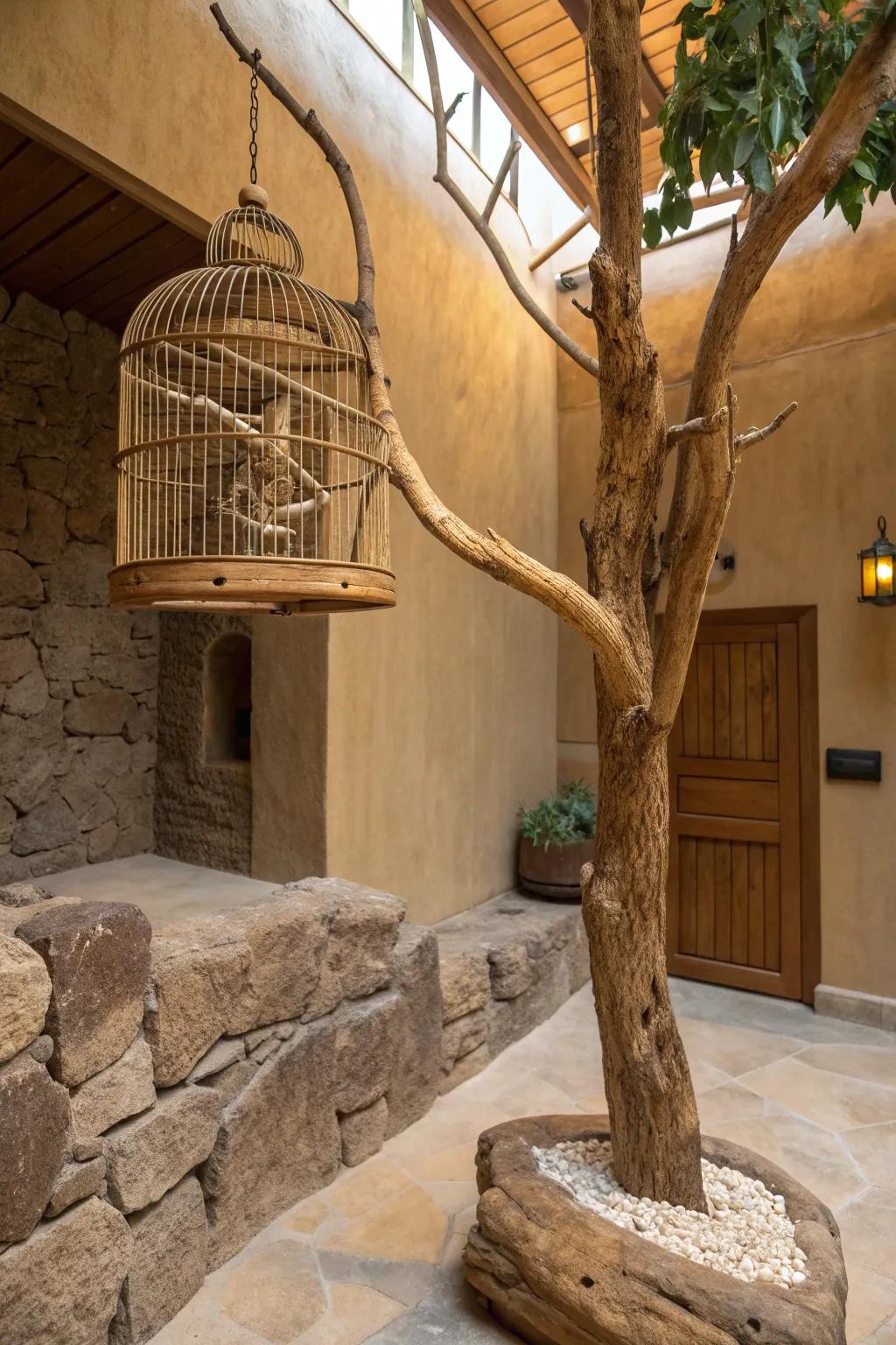 A natural tree branch offers a unique and organic stand solution.