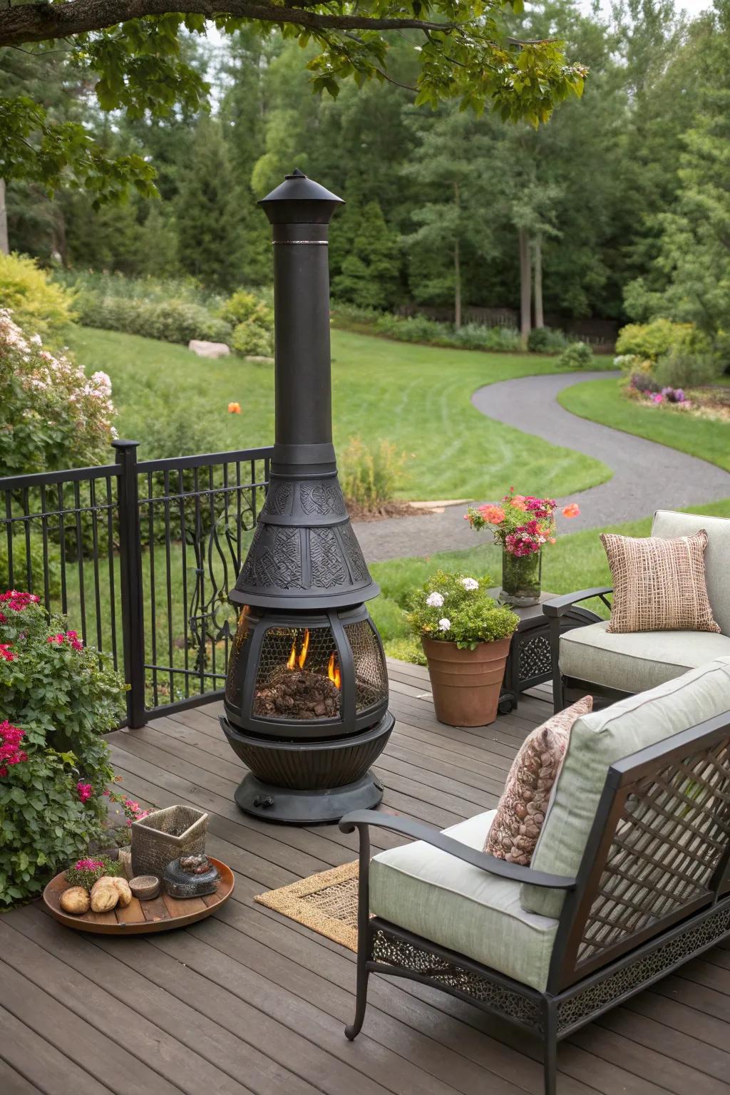 A chiminea as a stunning centerpiece on a patio.
