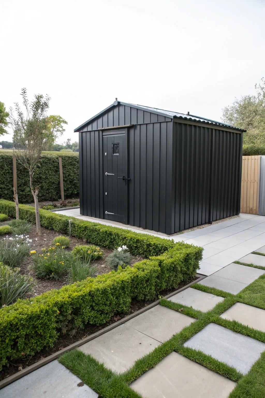 A bold black shed adds a touch of elegance to any backyard.