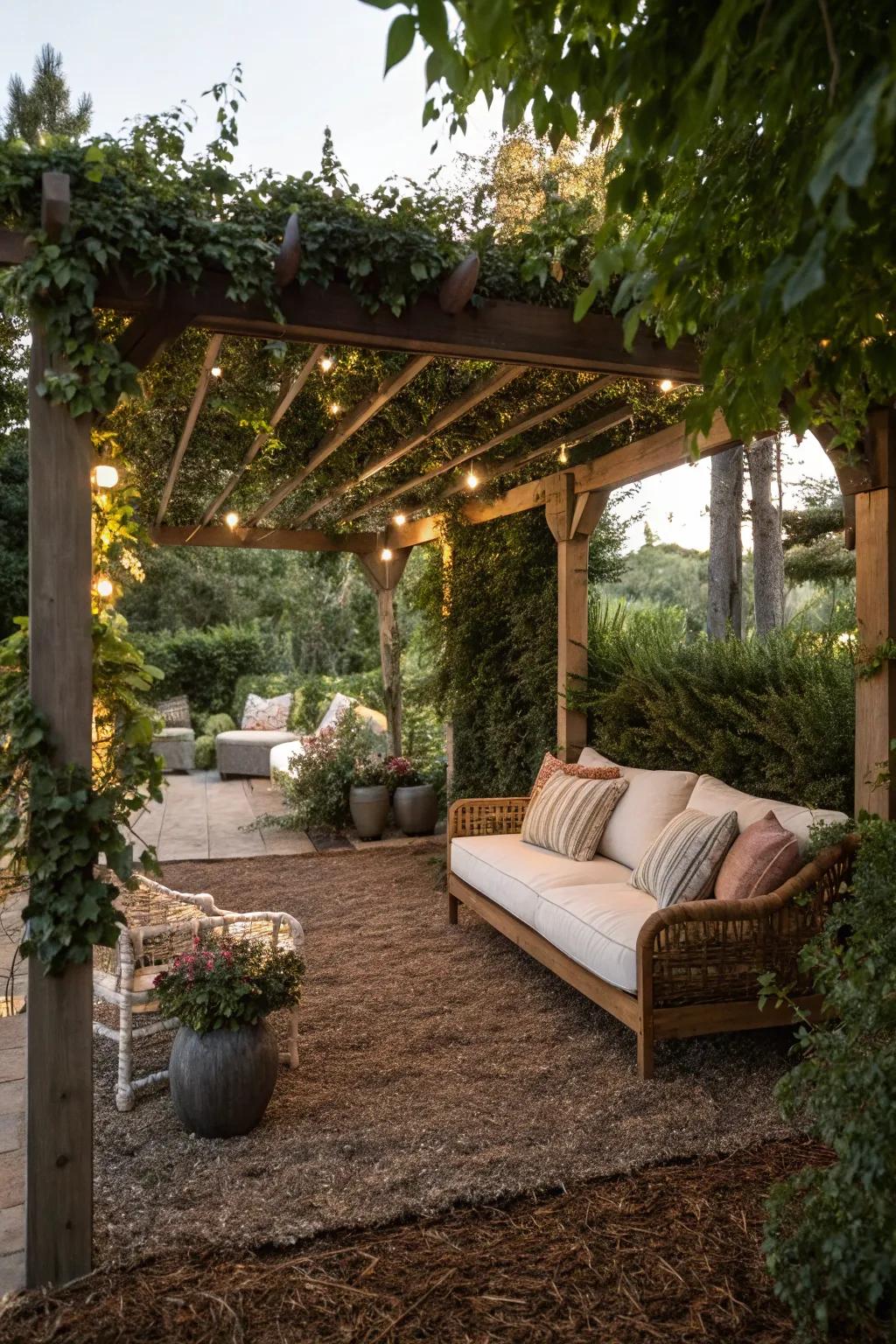 A pergola paradise with mulch flooring