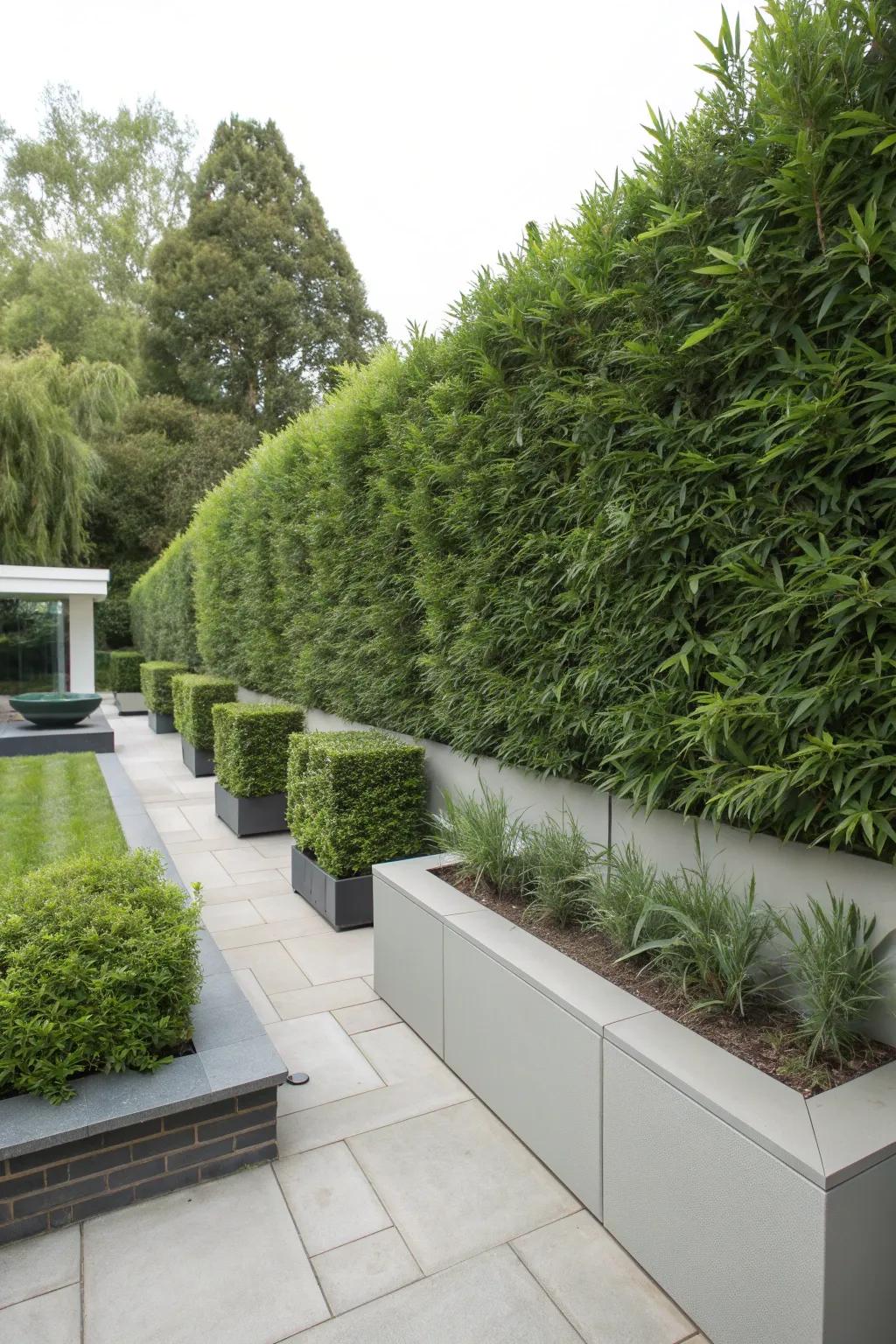 Podocarpus hedges offer tall, easy-care privacy.