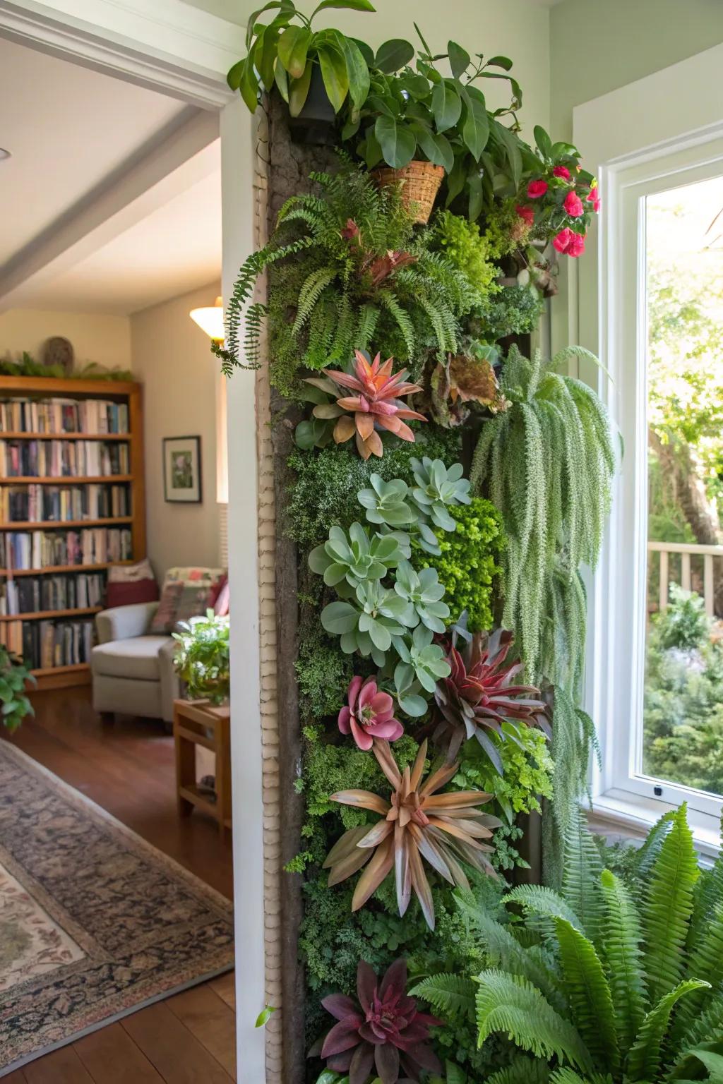 A variety of plants adds color and texture to this wall garden.