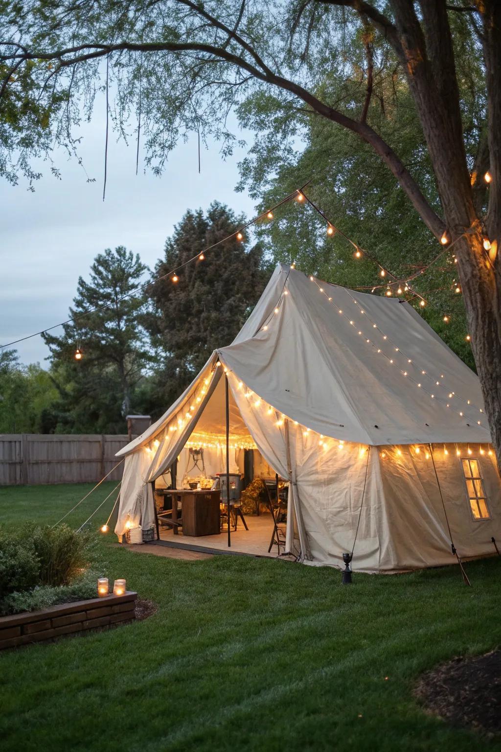 An enchanting tent setup with fairy lights to set the mood for a magical night.