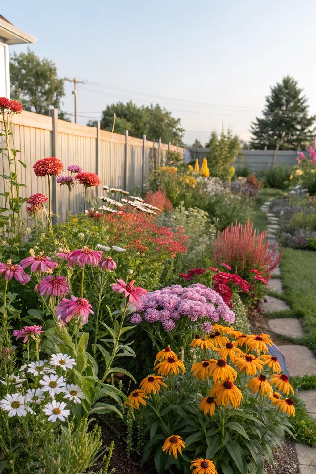 A dynamic mix of perennials and annuals in full bloom.