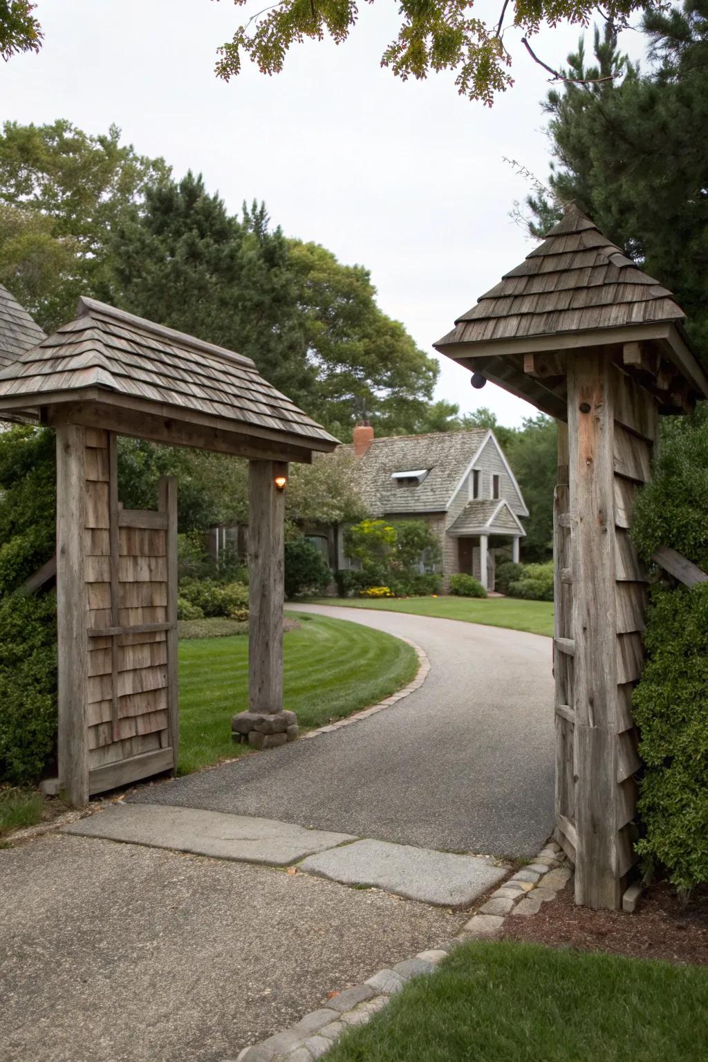 Warmth and texture with wooden shingle-covered driveway posts.