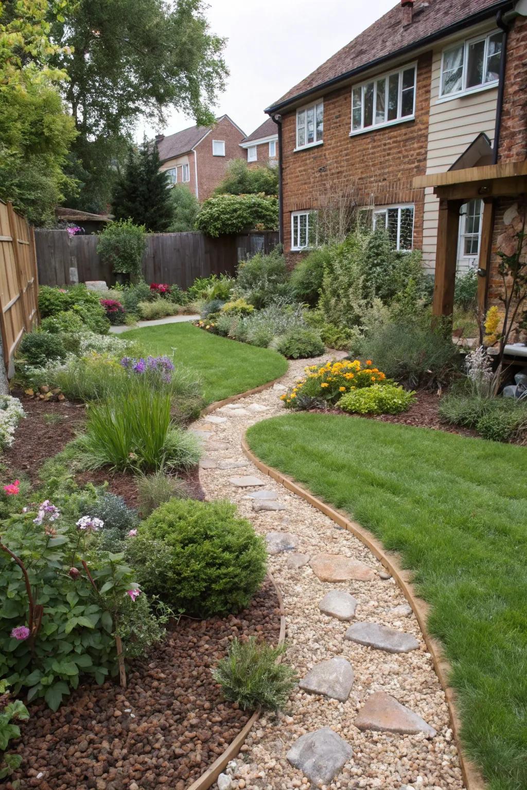 A variety of ground coverings adds texture and interest.