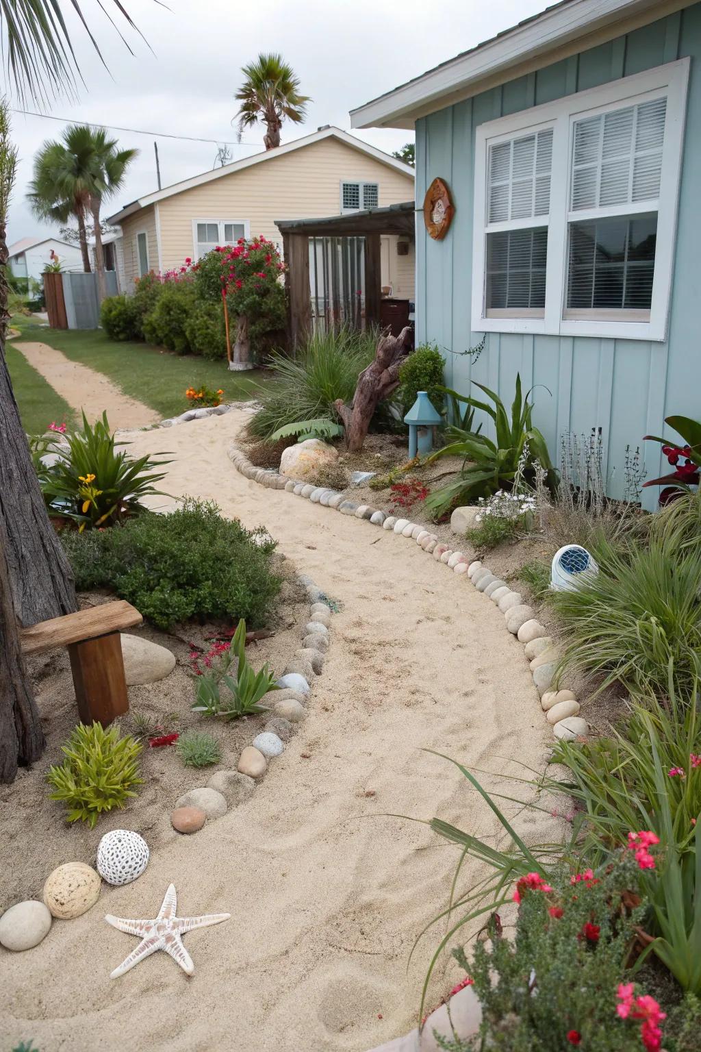 Coastal inspired sandy walkways in front yard.