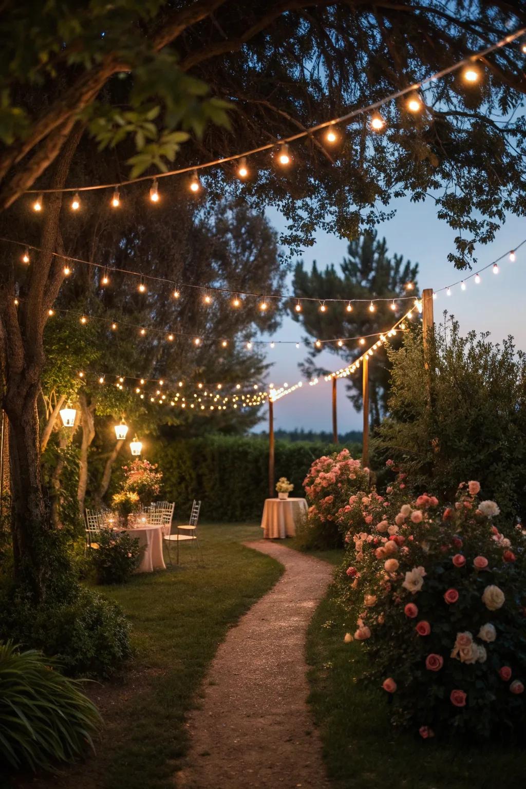 String lights add a magical glow to this evening garden.