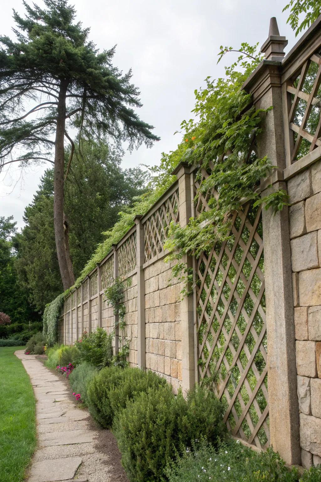 Elegant lattice toppers add style and privacy to garden walls.