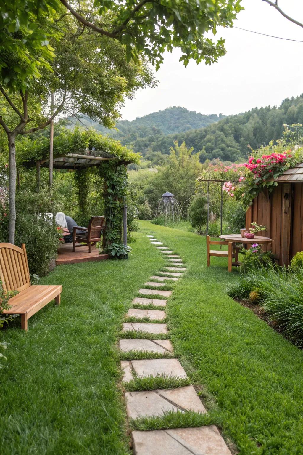 A charming grass walkway leading to a backyard sanctuary.