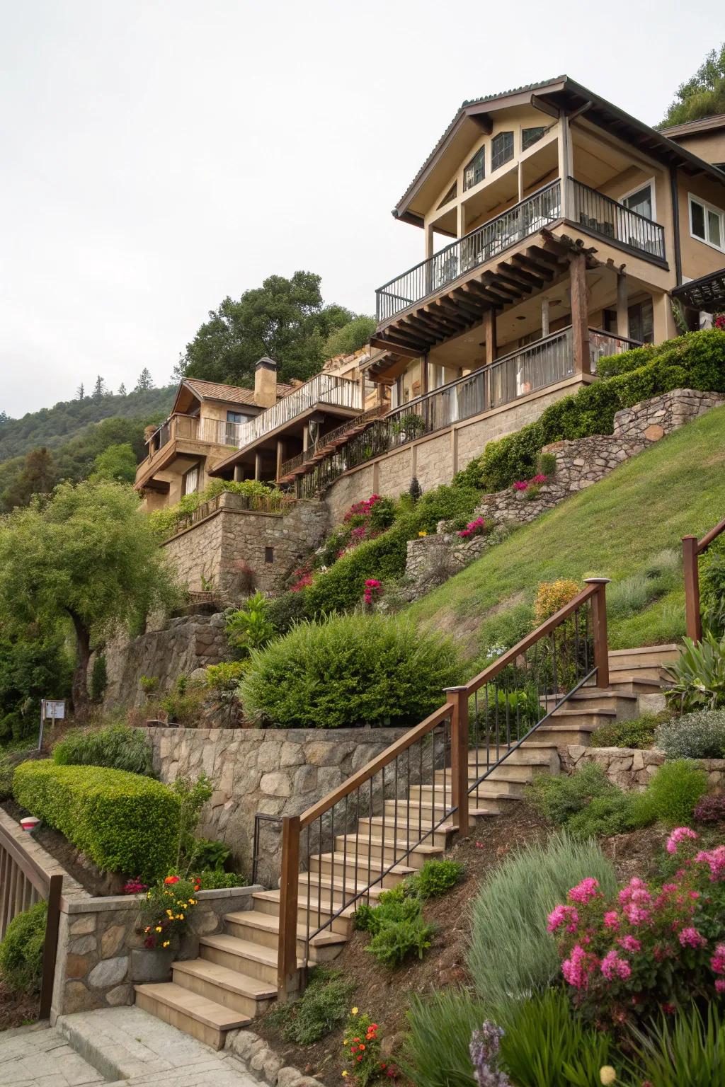 Terraced designs effectively utilize every bit of hillside ground.