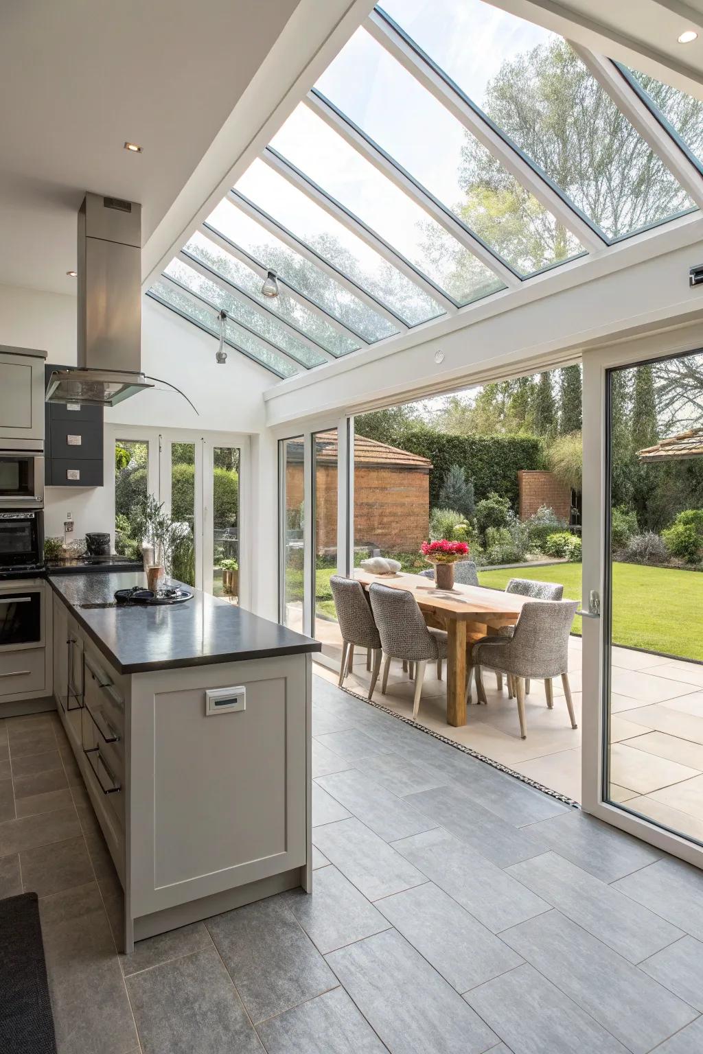 A conservatory featuring an integrated kitchen and dining area with garden views.