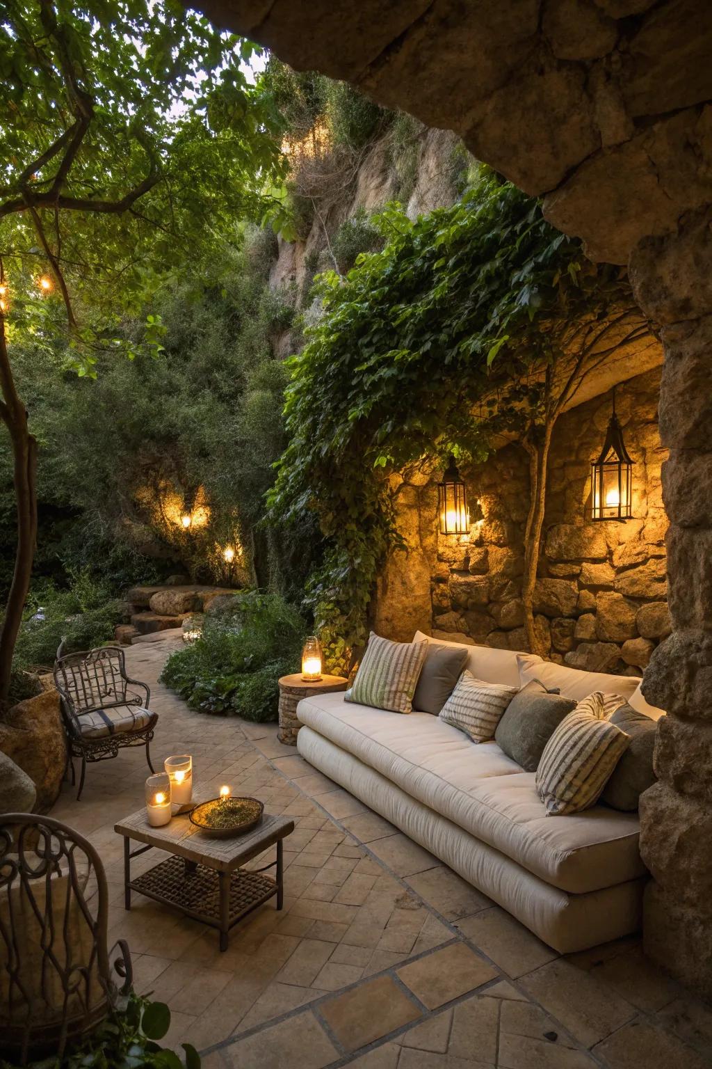 A cozy seating nook in the grotto, perfect for relaxation.