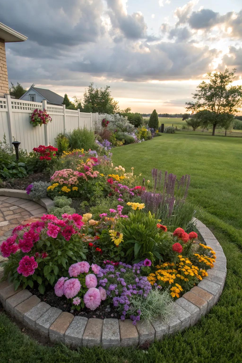 A vivid display of colorful flowers enhances this oval bed.
