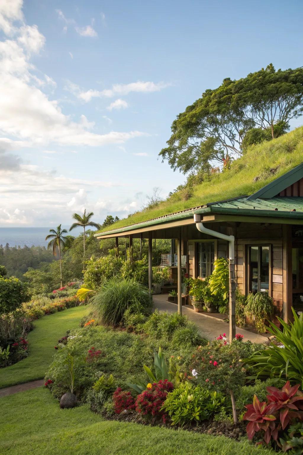 A green roof overhang integrates nature into your home design.
