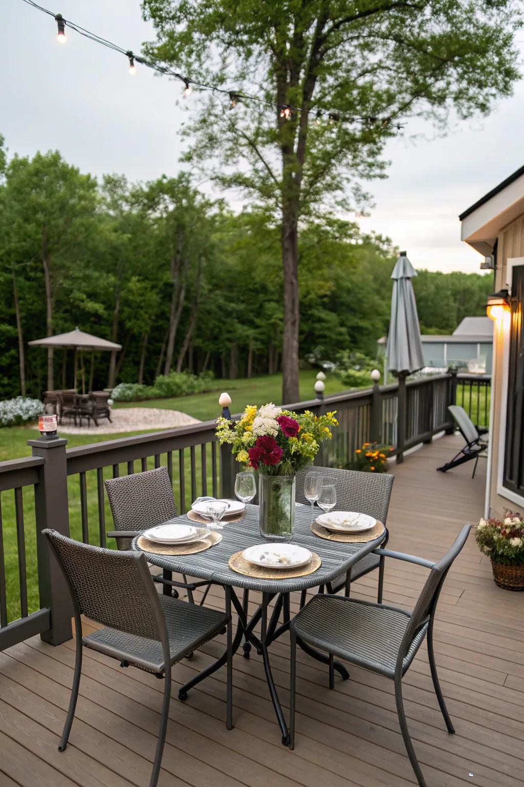 Charming outdoor dining setting on a park model deck.