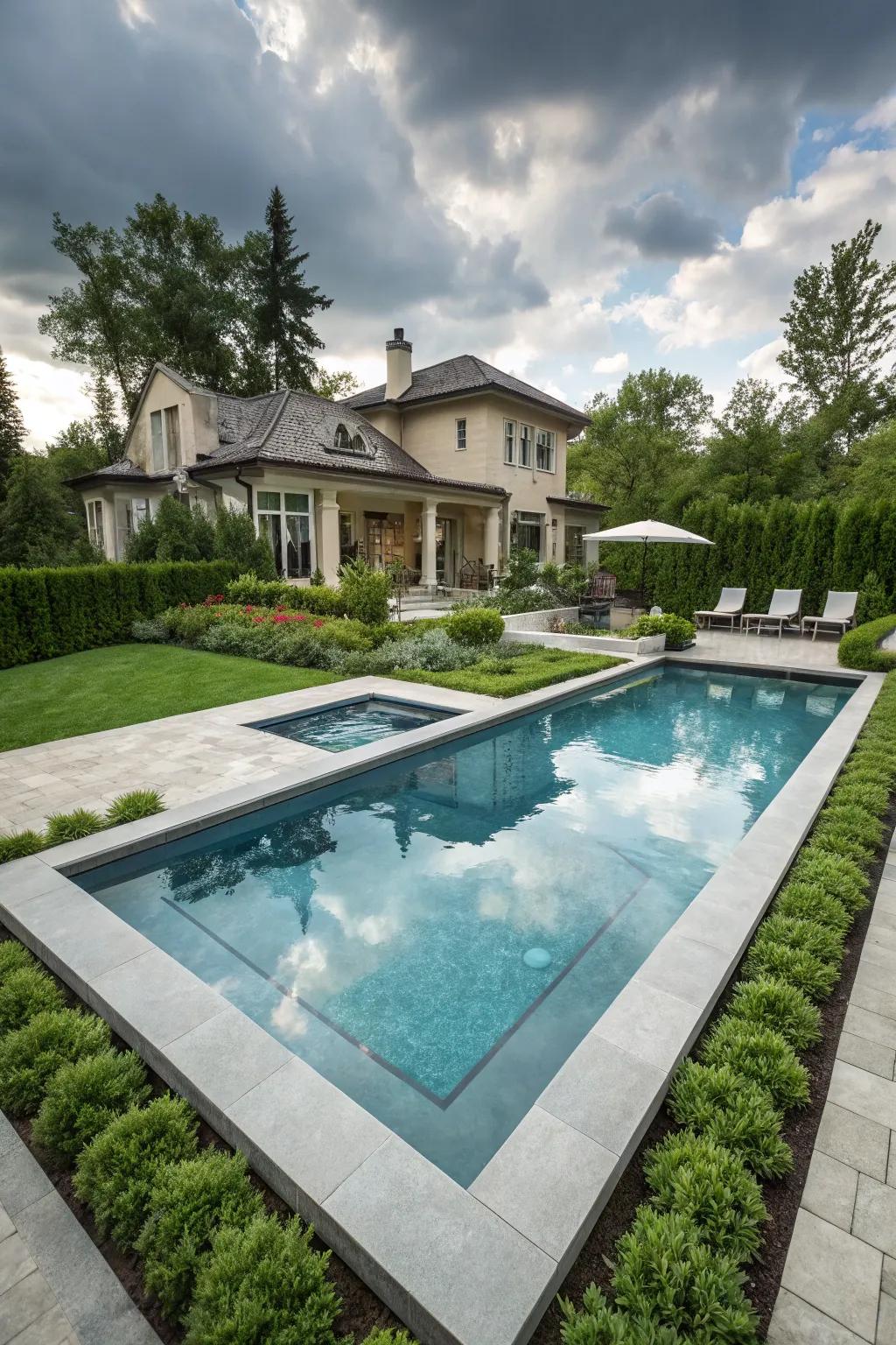 A uniquely shaped pool that serves as an artistic centerpiece.