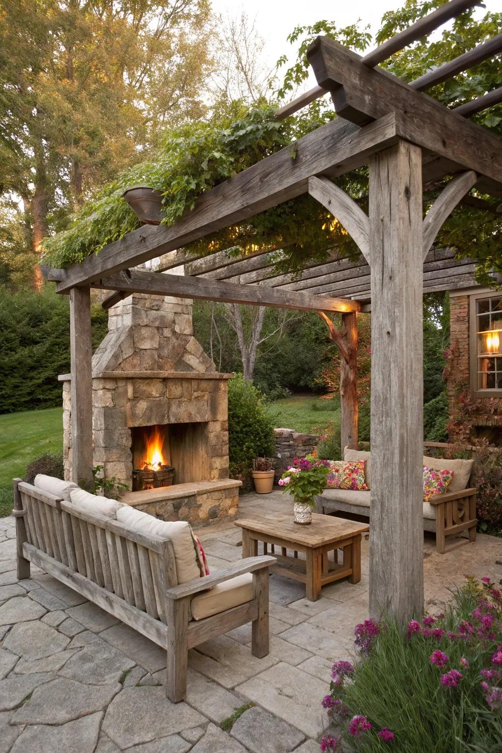 A cozy fireplace under a rustic pergola.