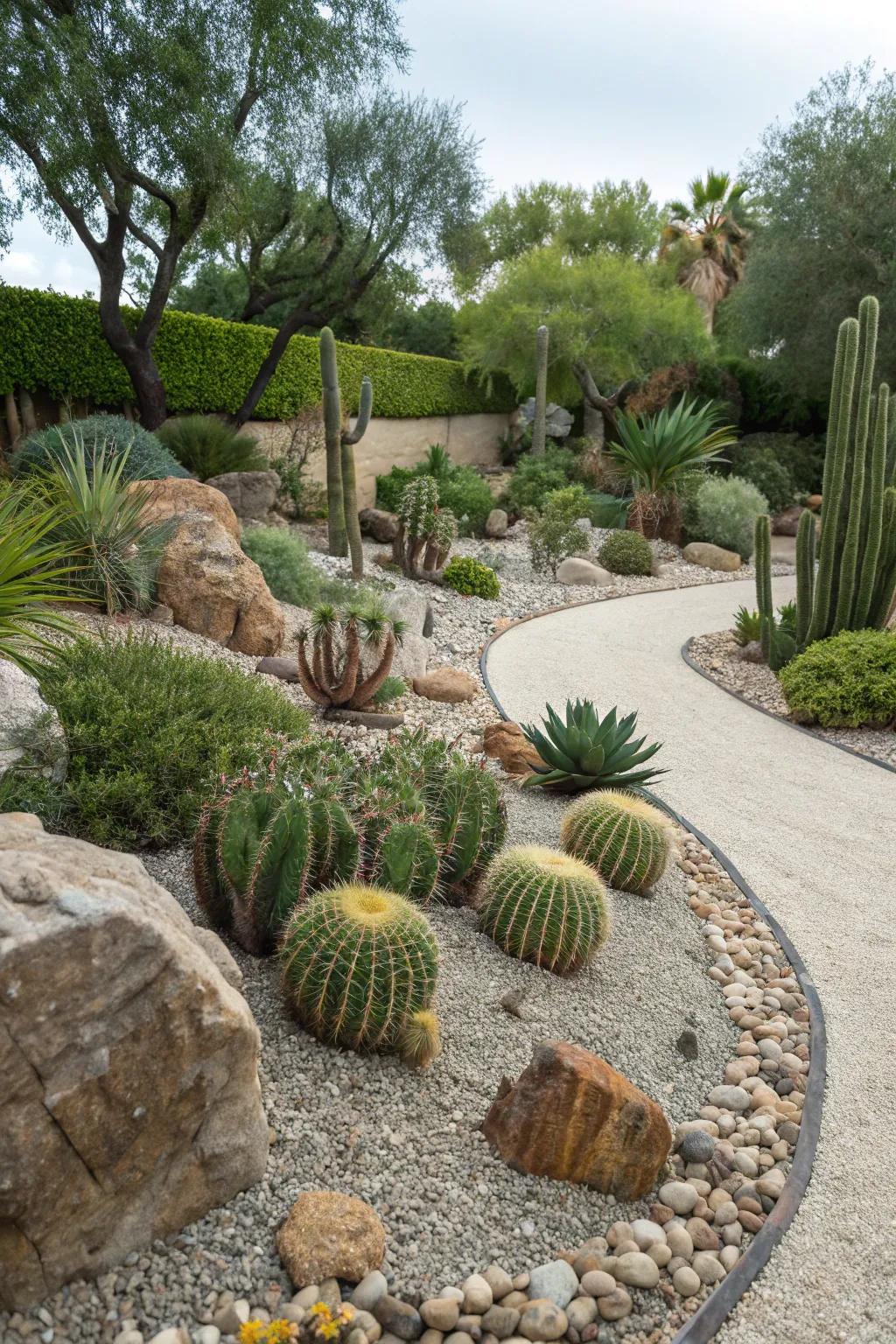 A sustainable gravel garden lush with succulents and cacti.