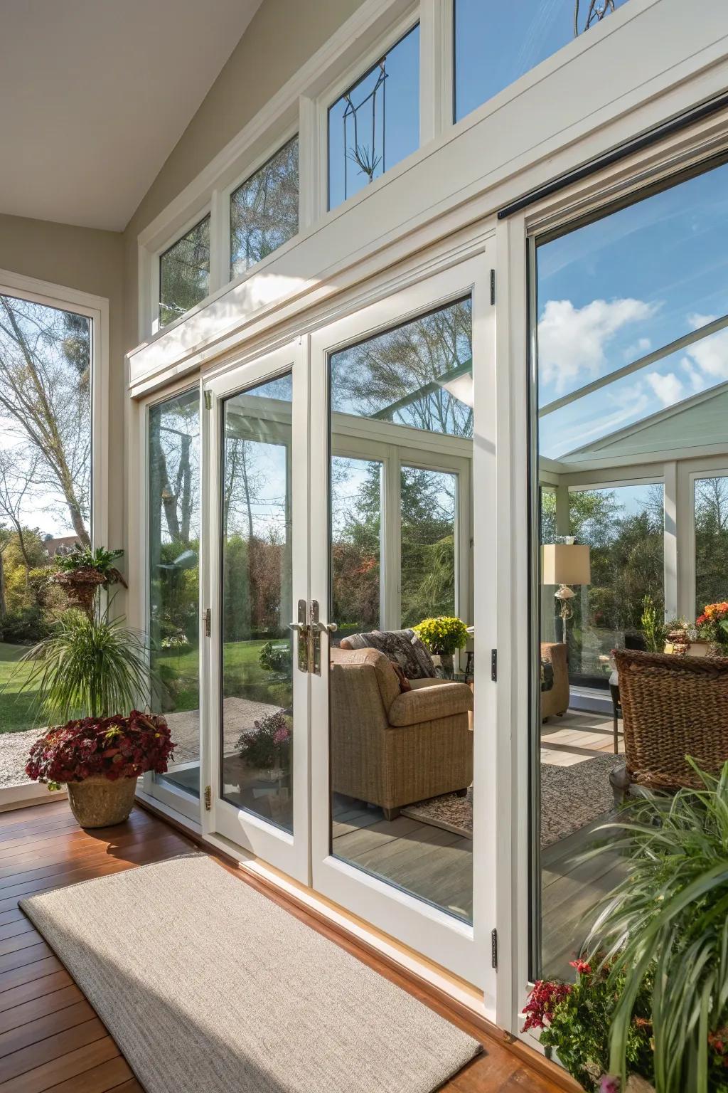 Sunroom featuring innovative smart glass doors.