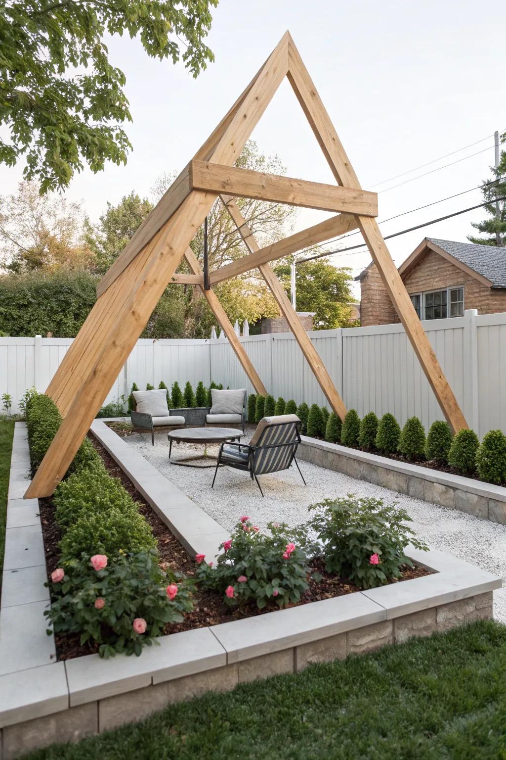 Minimalist triangle pergola made of natural wood in a tranquil backyard setting.