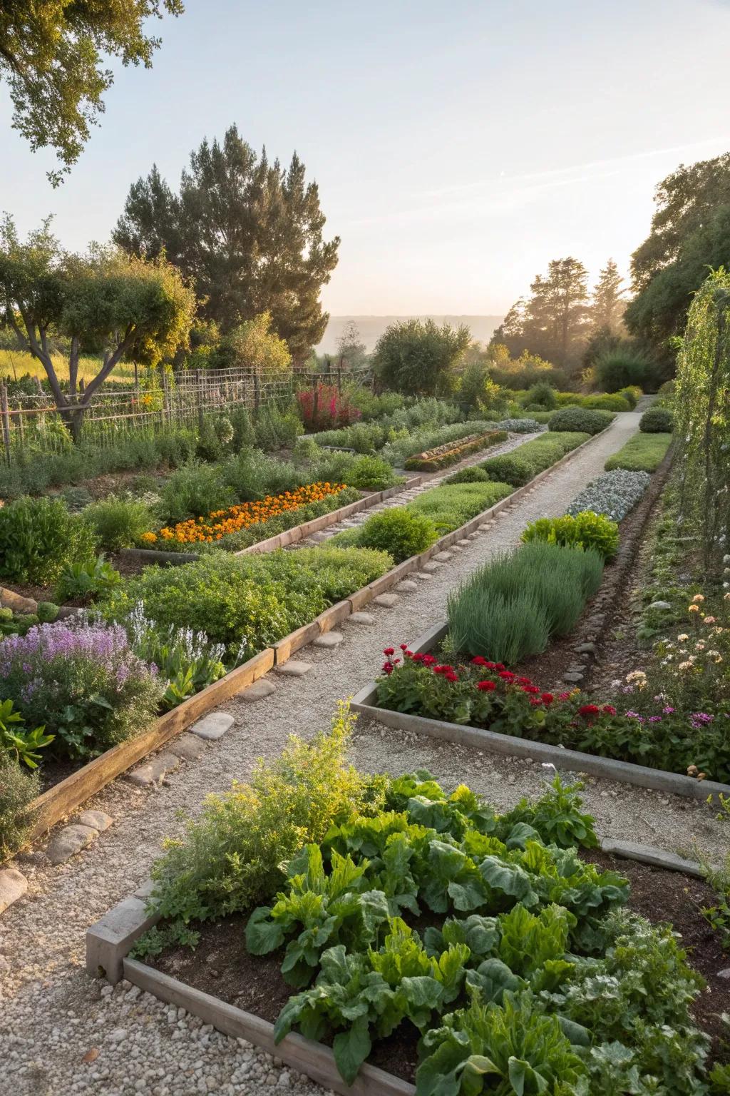 Charming pathways lined with herbs in a vegetable garden.