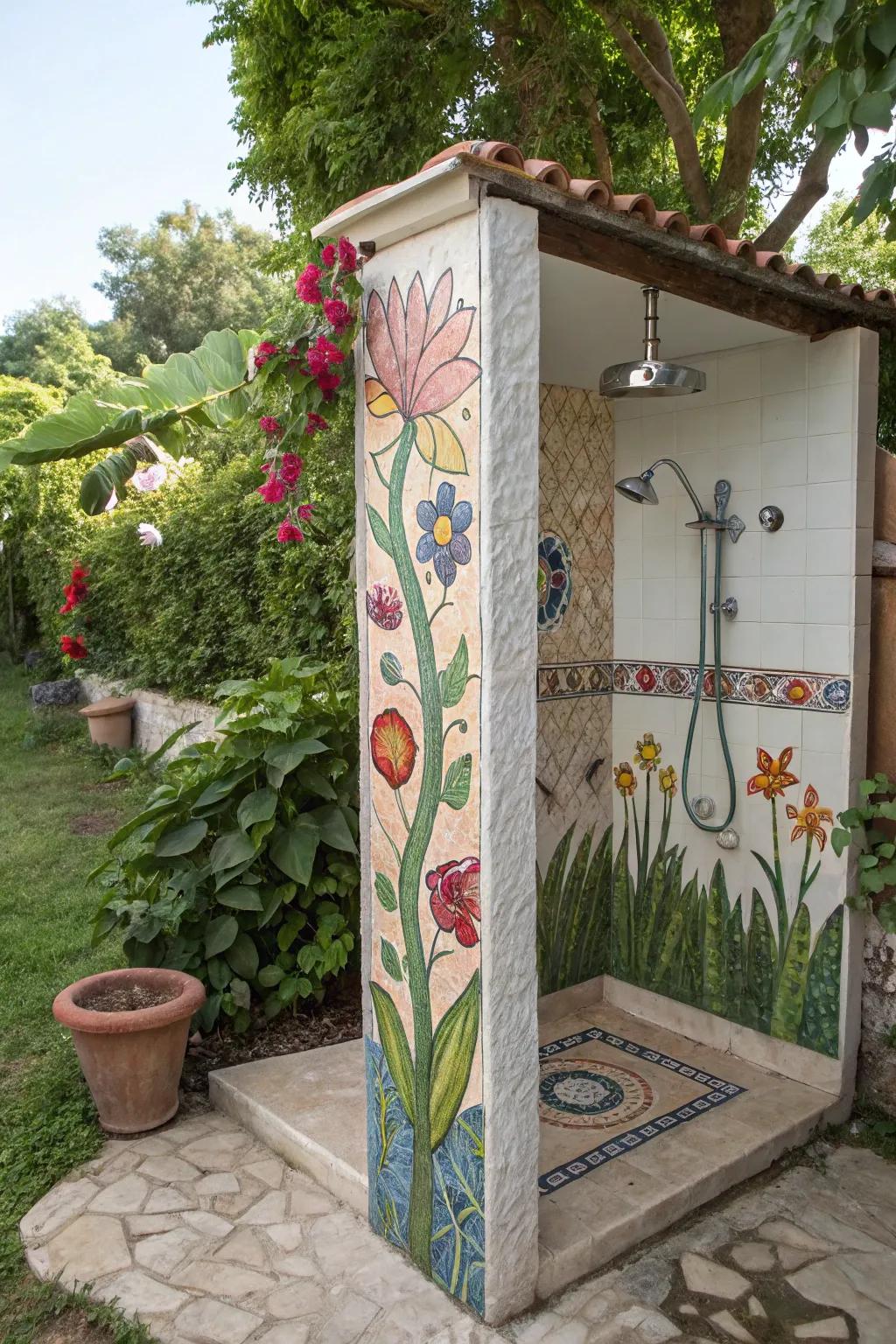 An outdoor shower featuring a hand-painted mural and mosaic tiles, showcasing artistic expression and creativity.