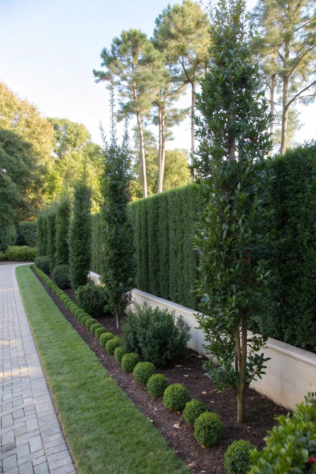 Sky Pencil Holly creates a stylish privacy screen for your backyard.
