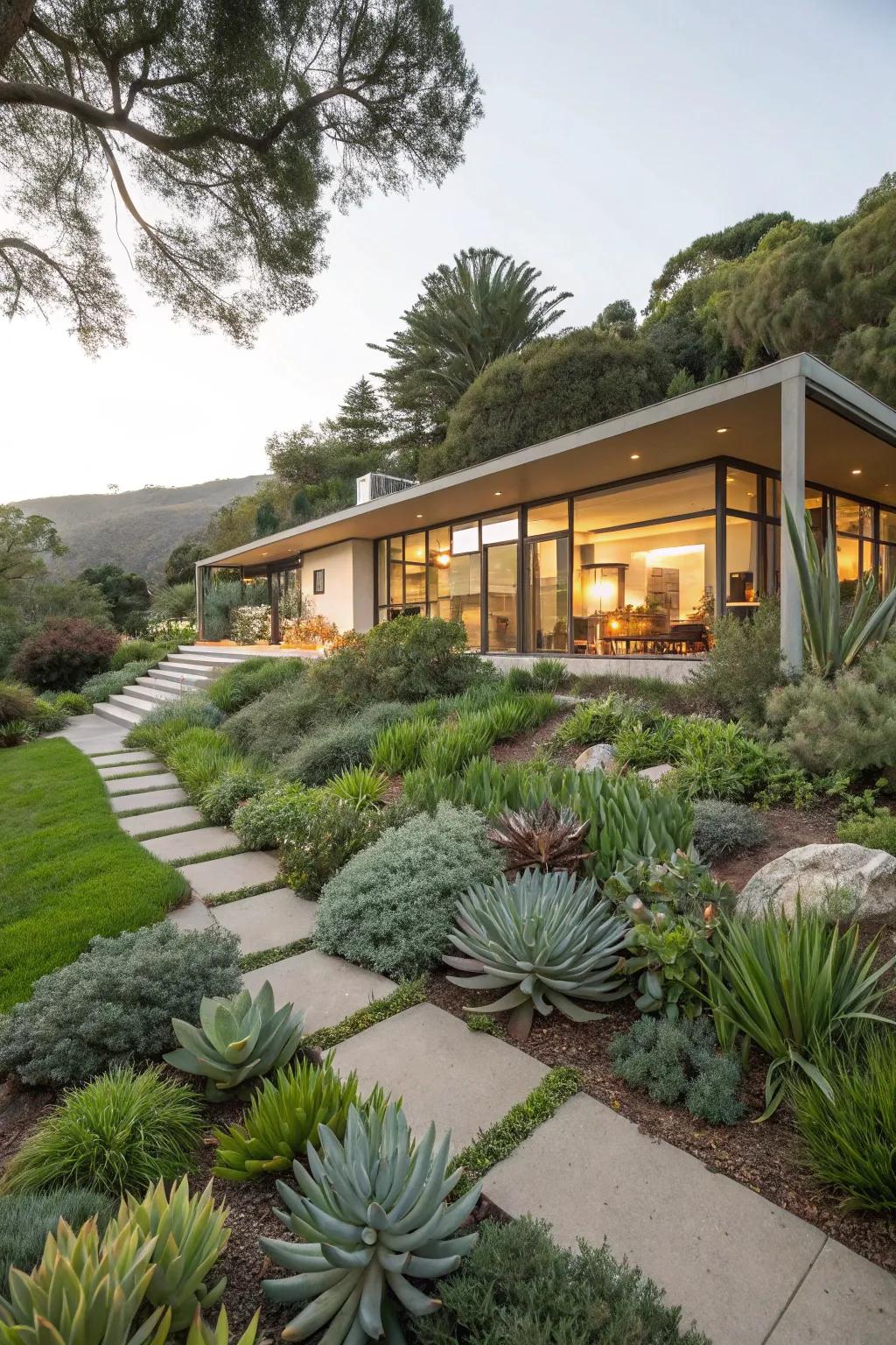 Thoughtful landscaping enhances the tranquility of a home.