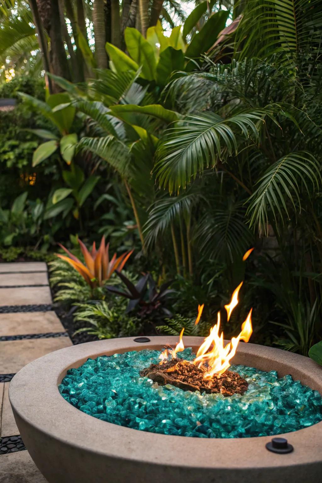 Teal and turquoise lava glass adding a tropical vibe to a fire pit.