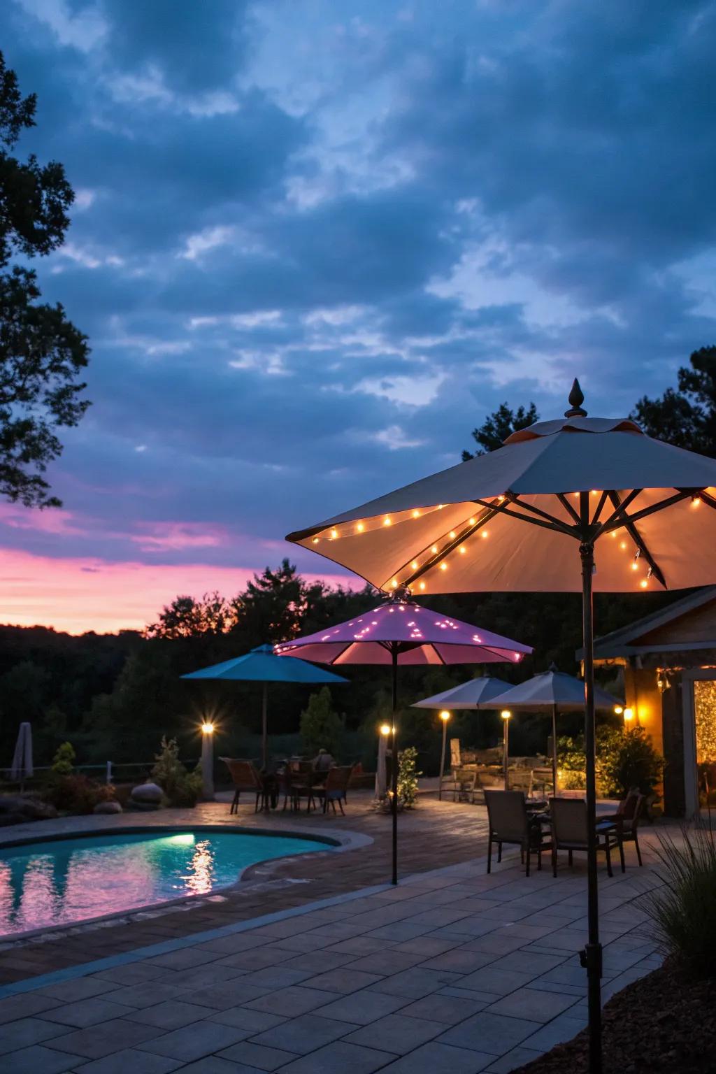 Umbrellas with built-in lights creating a cozy evening ambiance.