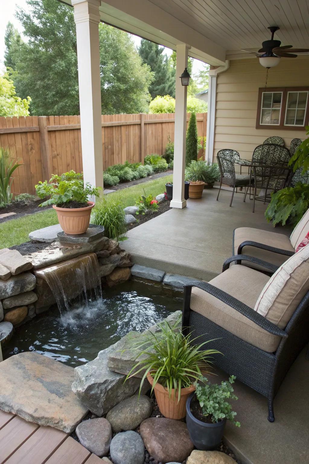 A water feature adds a tranquil touch to this back porch.