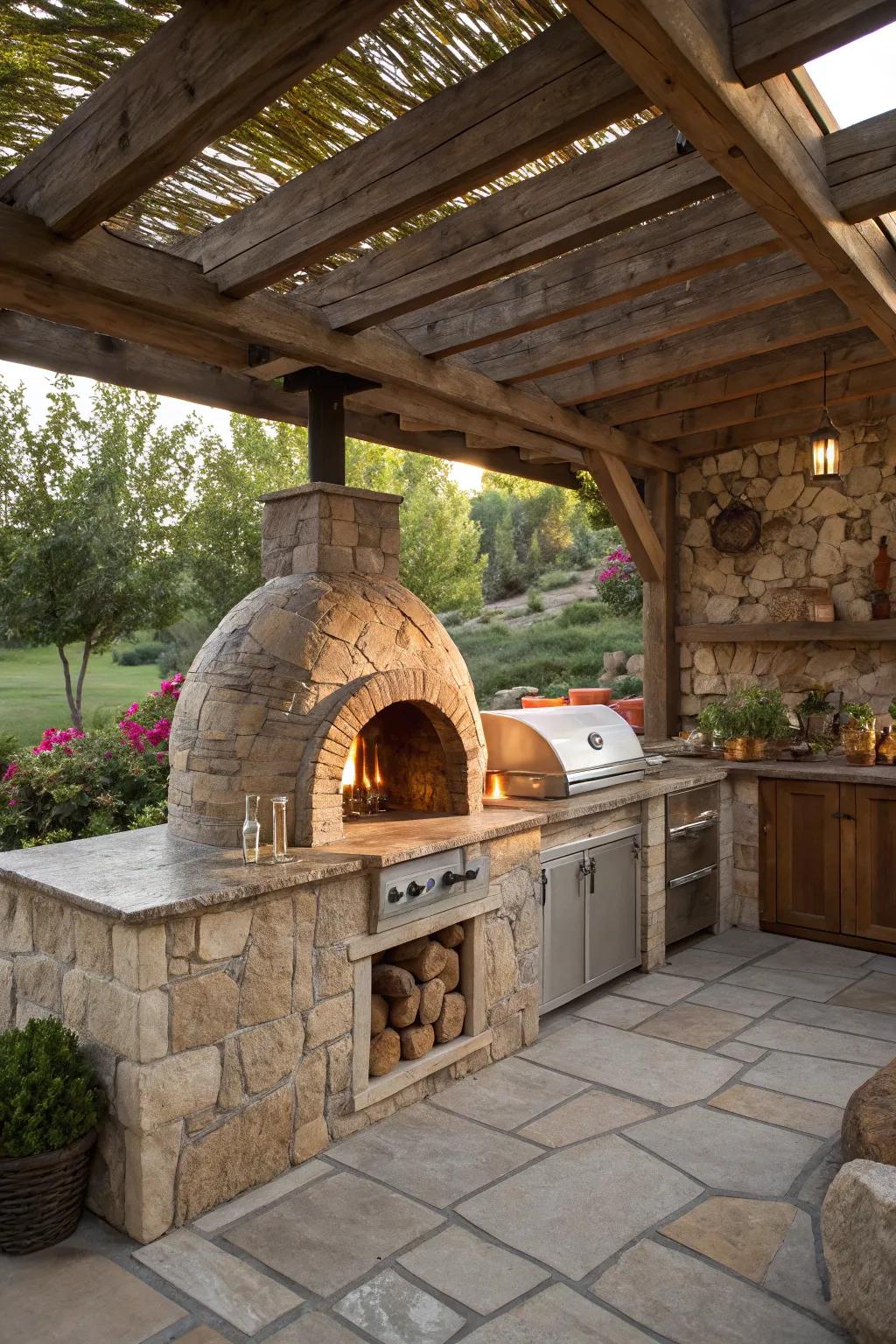 A stone-clad pizza oven nestled in a rustic outdoor kitchen setting.