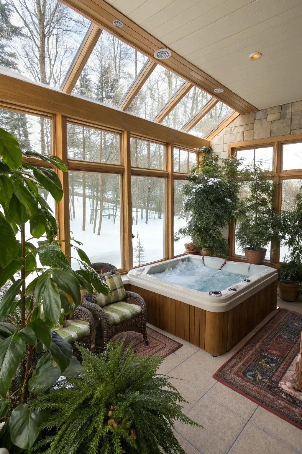 A sunroom transformed into a cozy hot tub retreat.