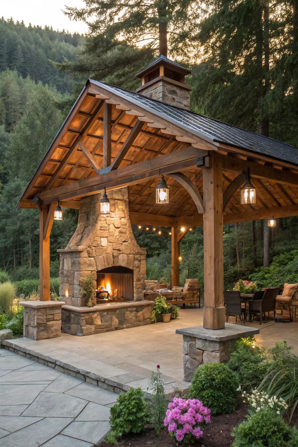 Solar lighting offers an eco-friendly way to illuminate rustic pavilions.
