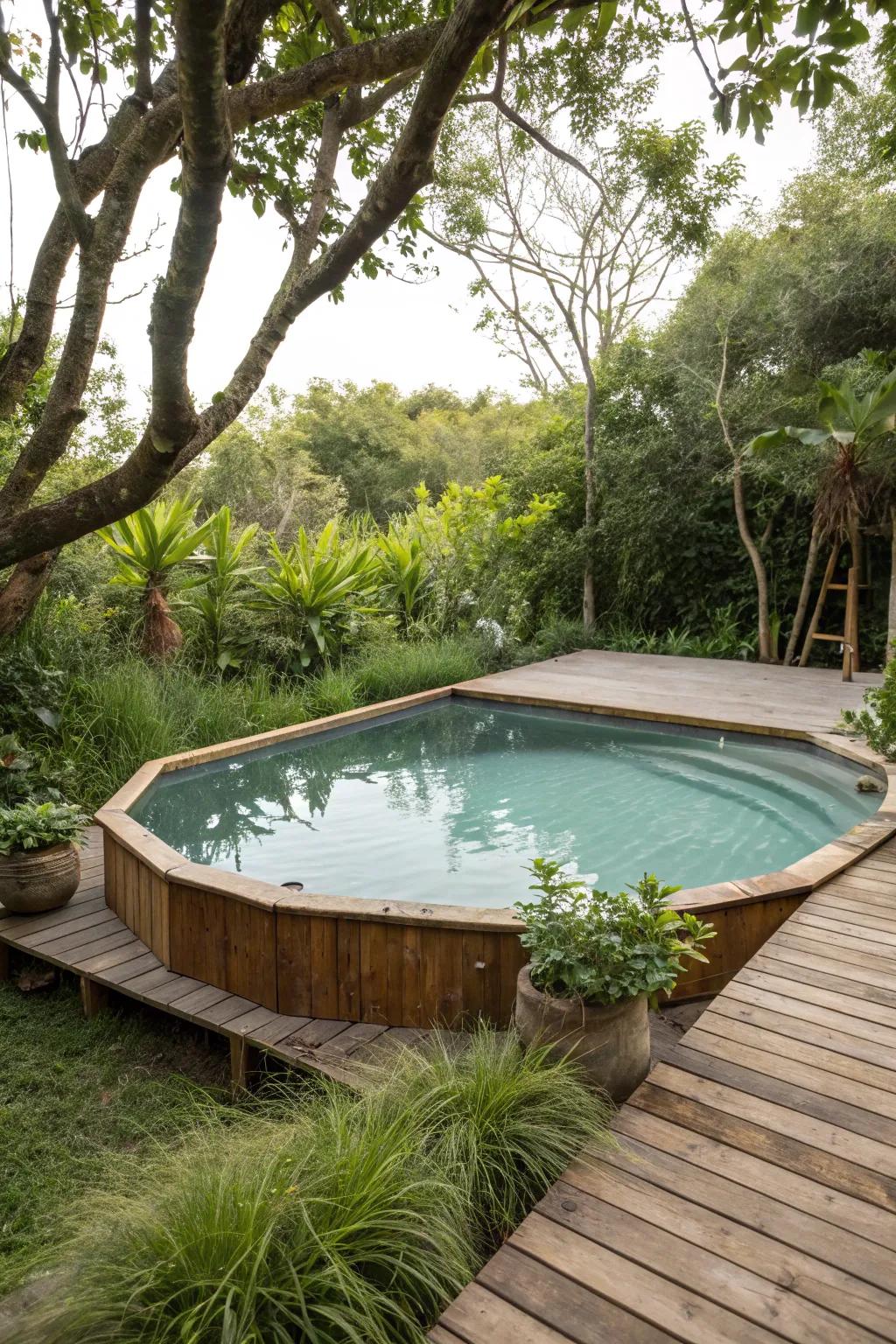 Decking made of organic materials blending with nature.