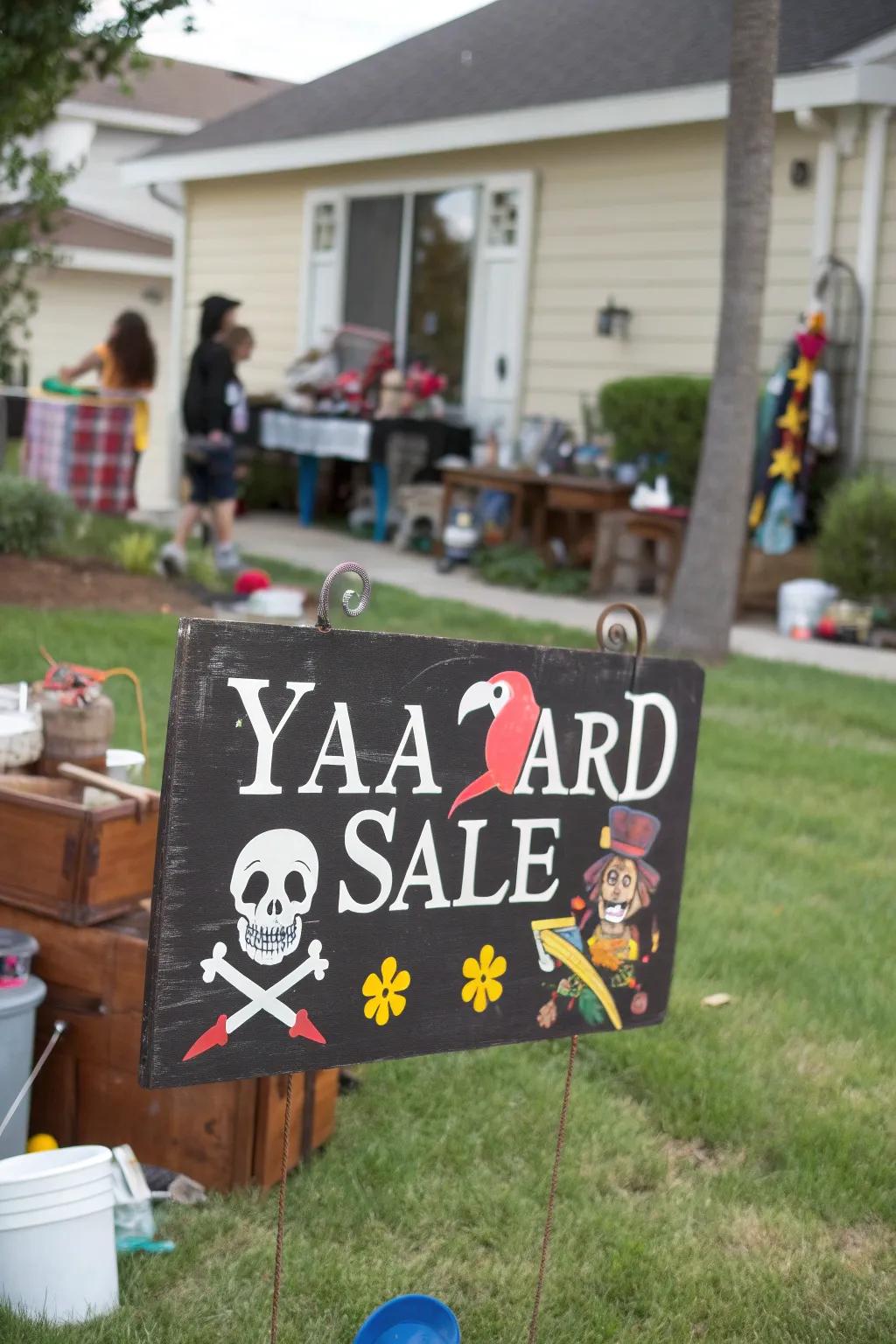 A playful pirate-themed sign that attracts both kids and adults.