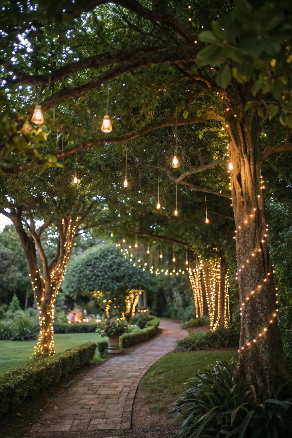 Twinkling fairy lights create a magical garden ambiance.