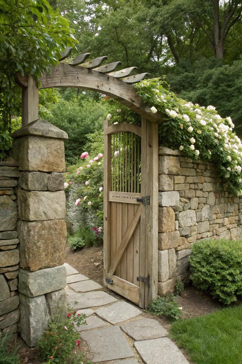A blend of stone and wood creates a sturdy and rustic garden gate.