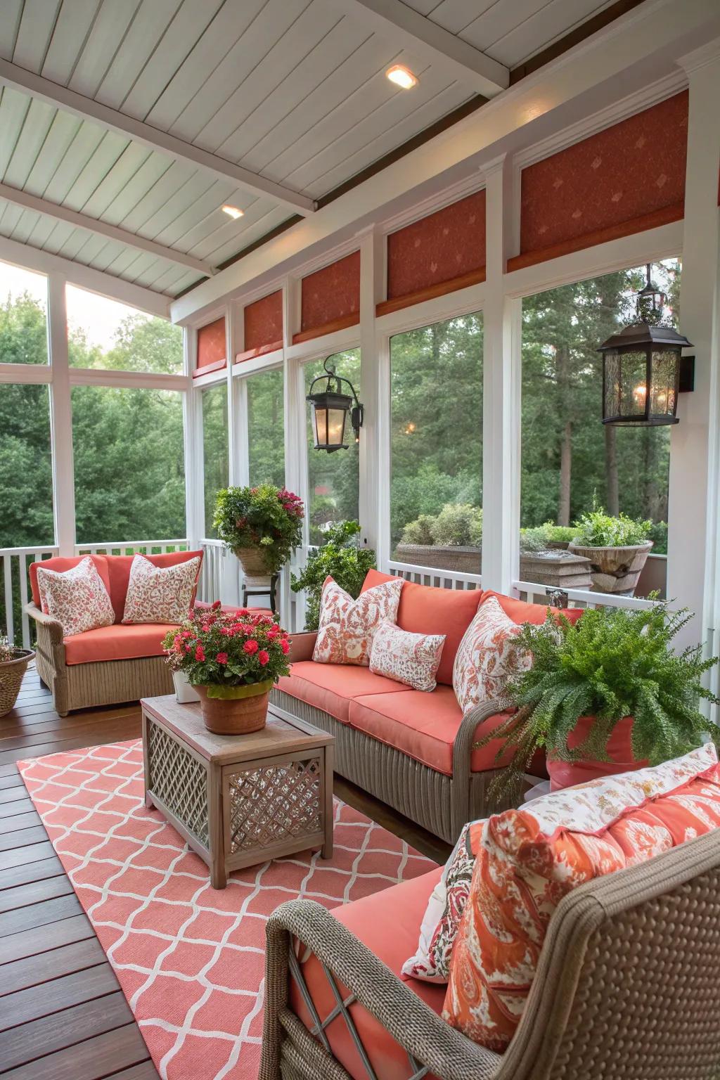 Coral accents bring a vibrant pop of color to this porch.
