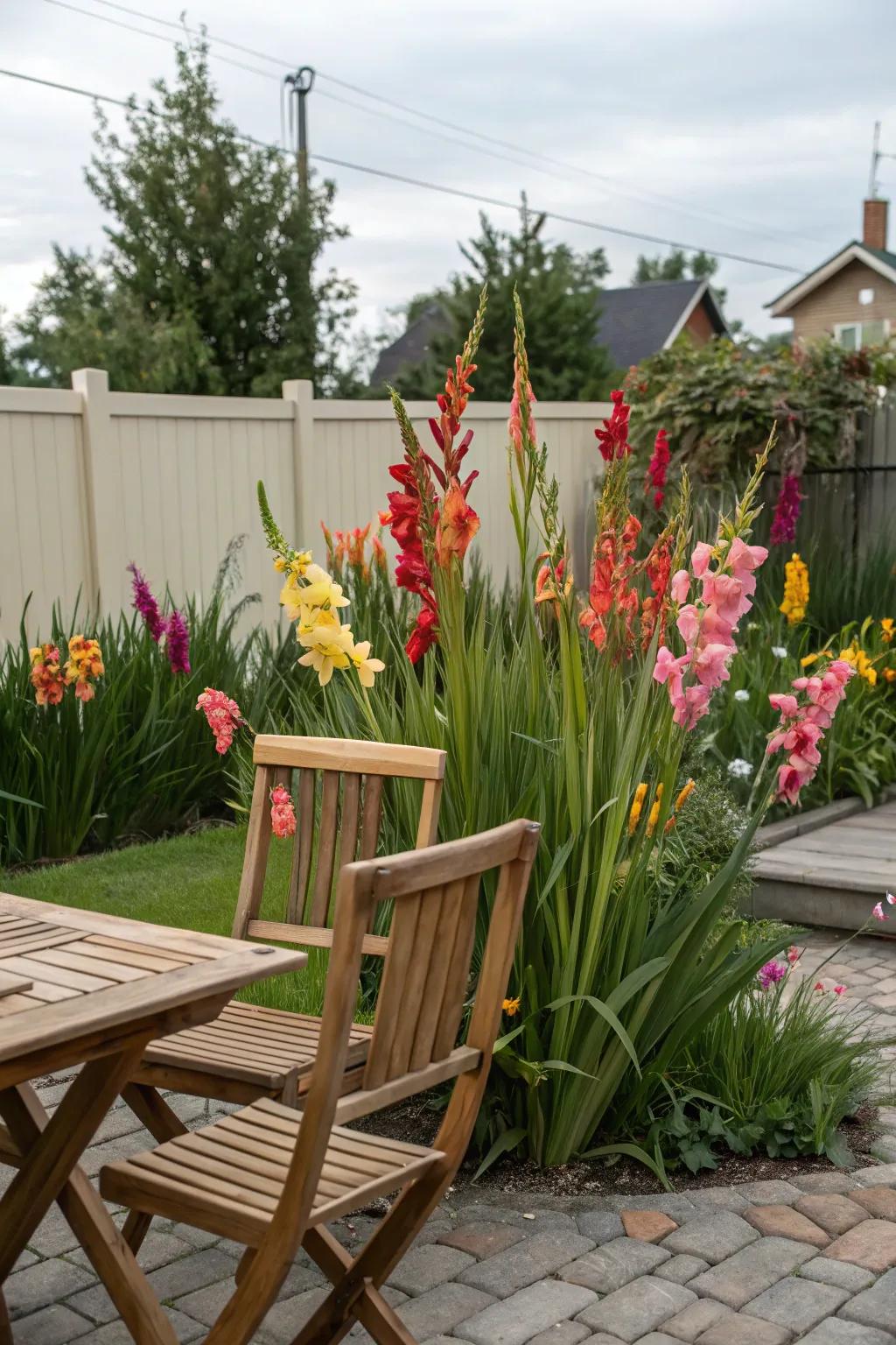 A cozy seating area with gladiolus backdrop.