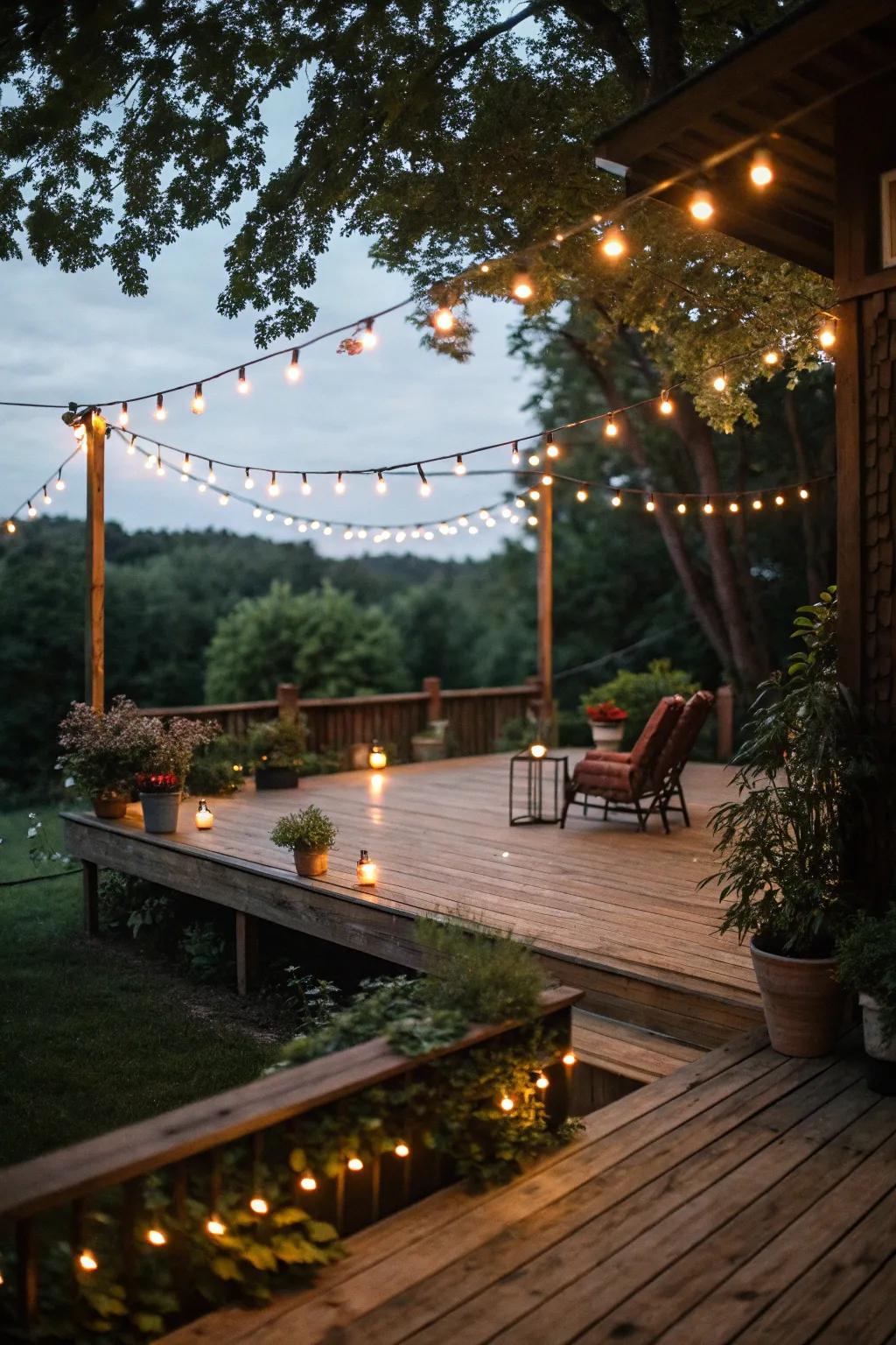 Soft lighting that transforms the deck into a magical evening retreat.