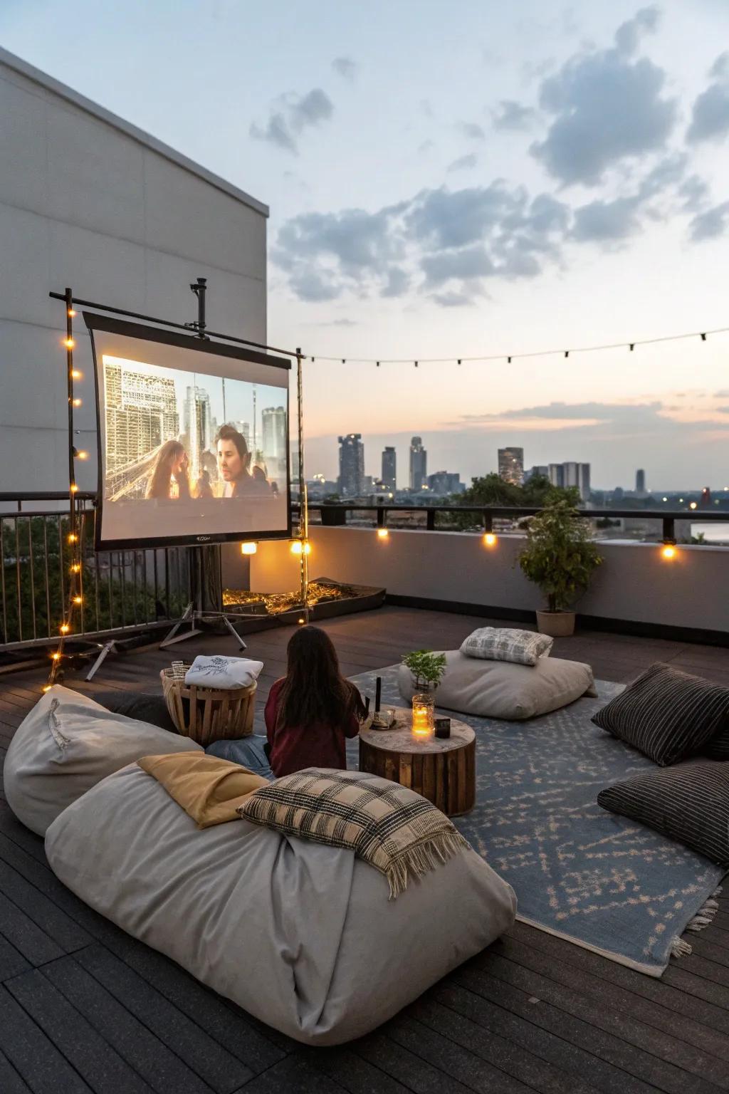 Enjoy movie nights under the stars with this rooftop setup.