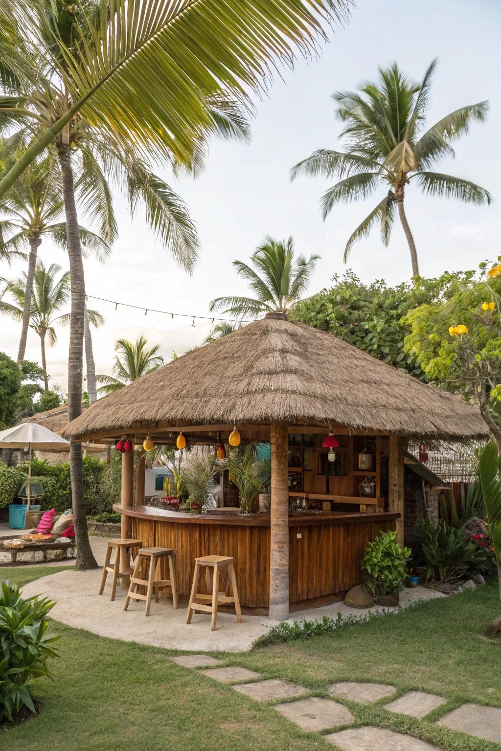 A thatched roof beach bar offering shade and style.