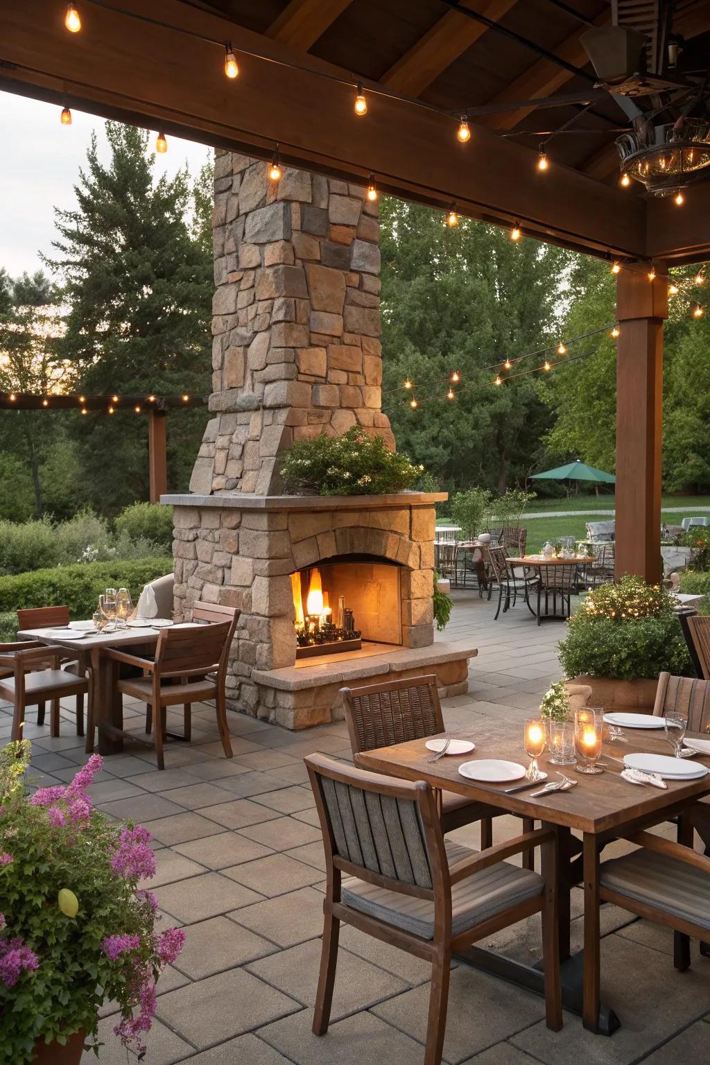 A fireplace adds warmth and a focal point for outdoor dining.