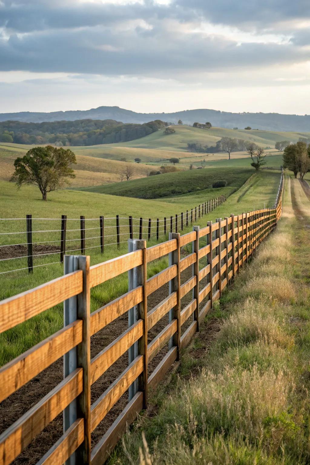 A fence made from wood and metal offers a stylish yet durable solution.