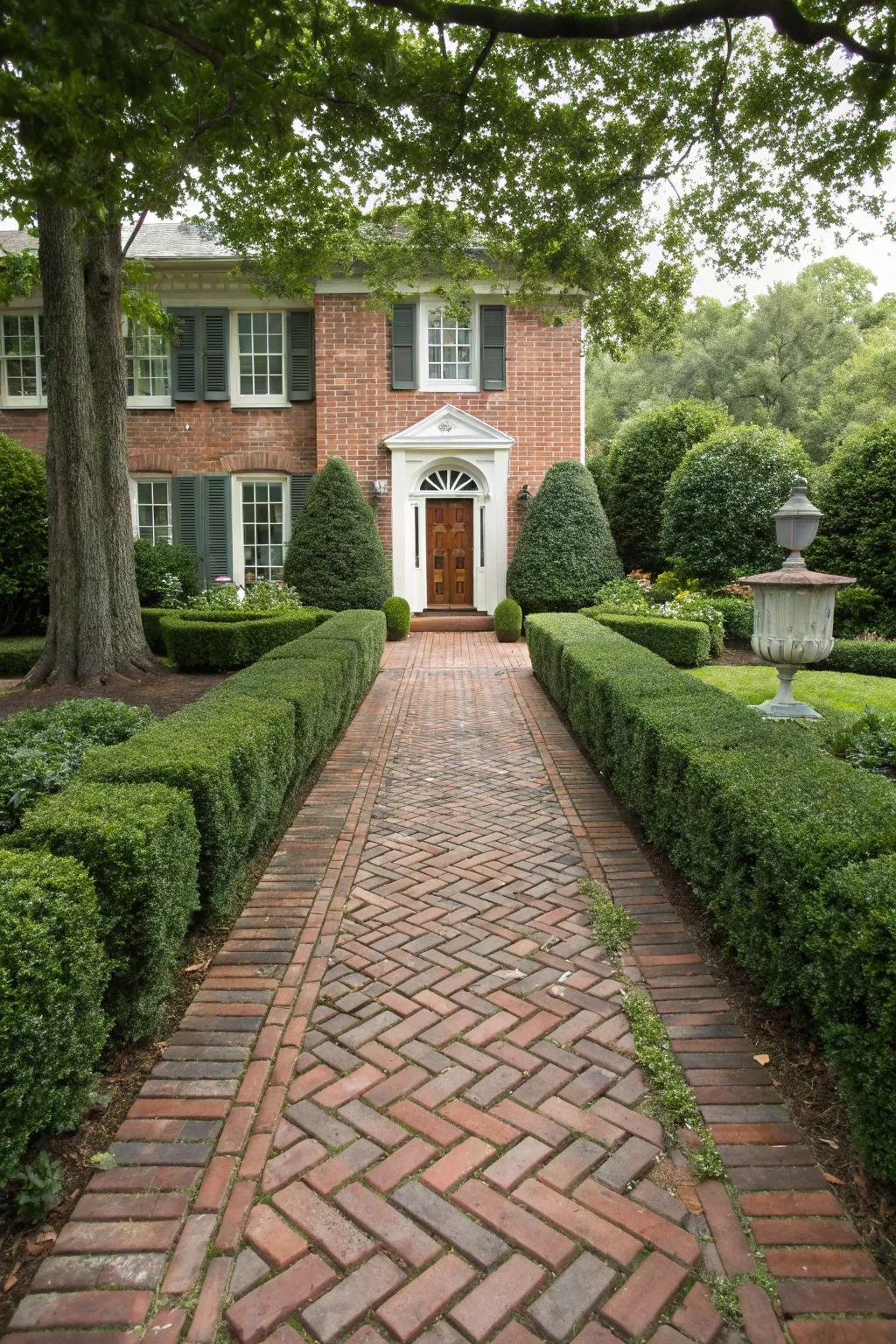 Elegant pathway featuring a classic brick herringbone design.