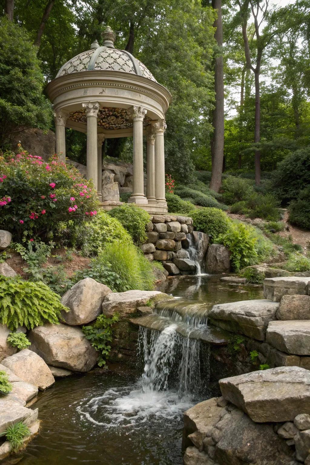 A waterfall folly brings tranquility to your garden.