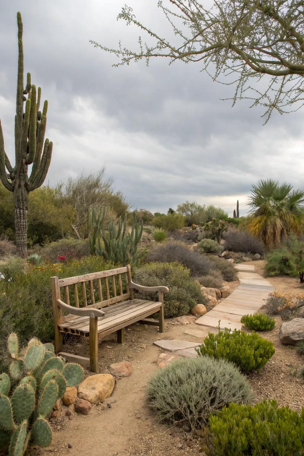A wooden bench providing a cozy spot in the garden.