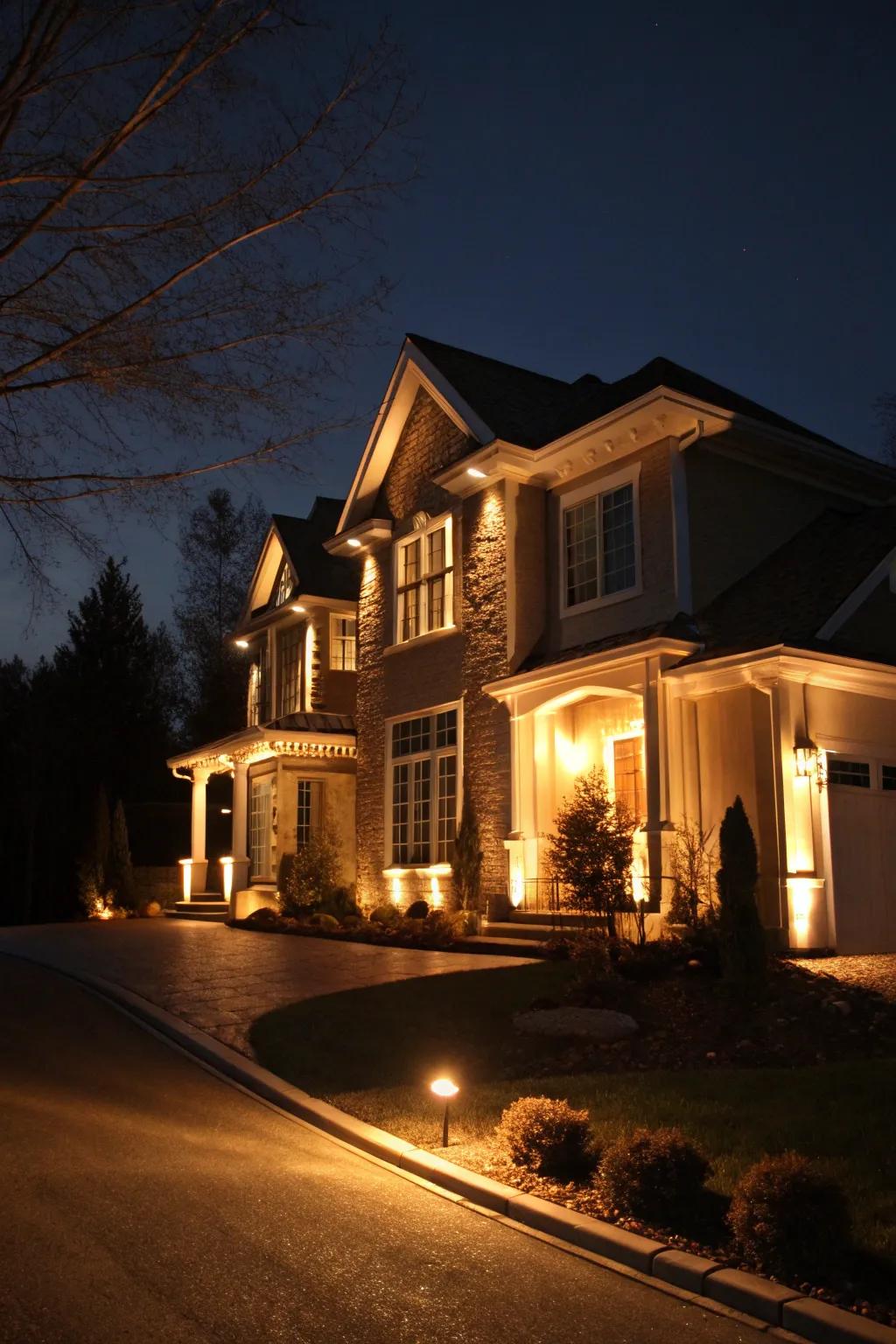 Enchanted exterior lighting that highlights architectural beauty at night.